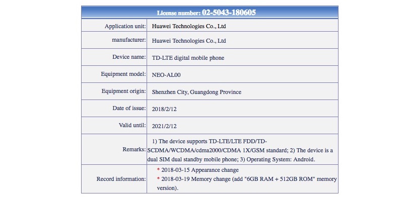 Huawei NEO-AL00 (Stat got from Tenaa).