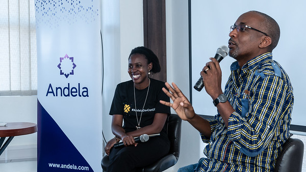 Andela Uganda's Community Manager Technical Talent; Maria Kyamulabye (Left) with Michael Niyitegeka, ICDL’s Africa Country Manager for Uganda, speaking at the inaugural Andela Uganda Developer Conference, at their head offices in Bukoto on Saturday 28th, July 2018.